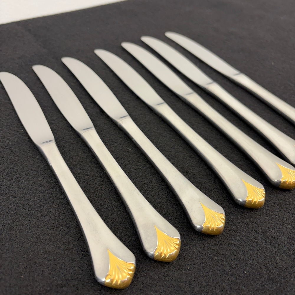 Set of 7 Yamazaki Cara‎ Gold Accent Stainless Table Knives Dining Flatware Japan